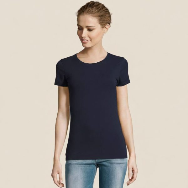 French mėlynos spalvos, trumpomis rankovėmis moteriški marškinėliai Sols Millenium Women su logotipu ar norima spauda