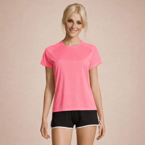 Neoninės rožinės spalvos, sportiniai marškinėliai moterims Sols Sporty Women su logotipu ar norima spauda.