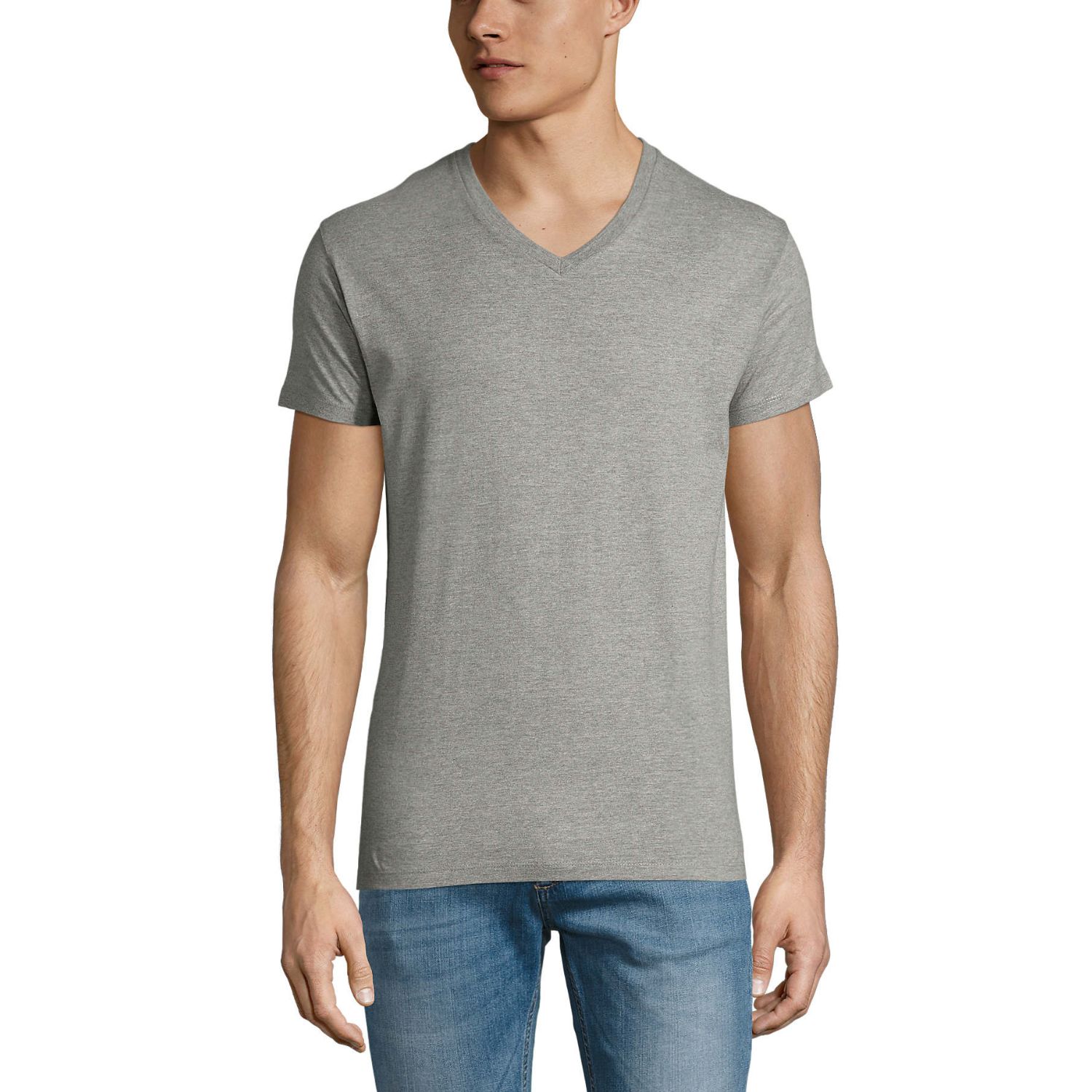 Marskineliai-vyrams-Sols-Imperial-V-Men-Pilka-Melanzine.jpg Pilkos melanžinės spalvos, trumpomis rankovėmis marškinėliai vyrams Sols Imperial V Men su logotipu ar norima spauda