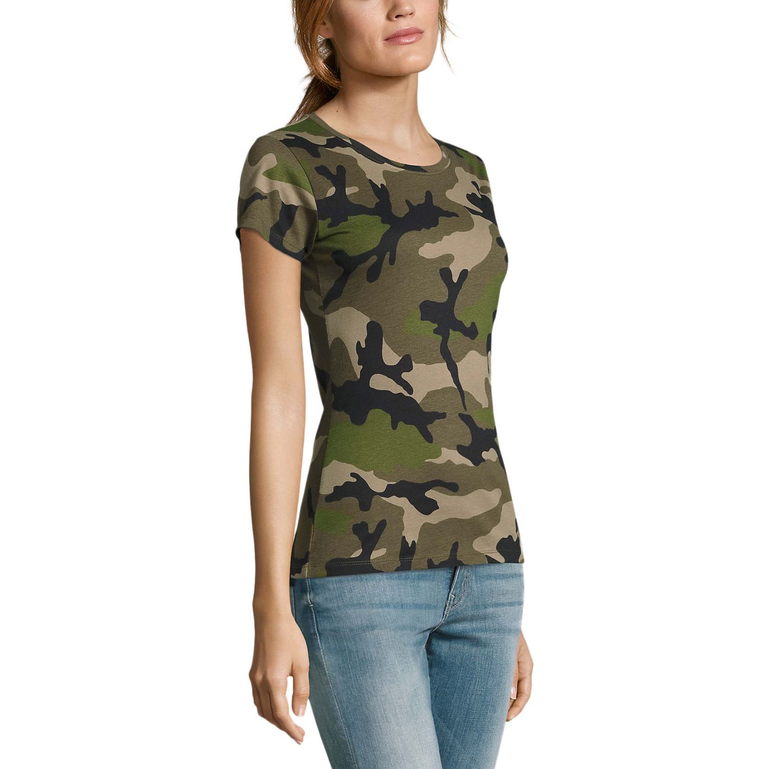 Moteriski-Marskineliai-Su-Uzrasu-Sols-Camo-Woman-Camo-2.jpg Camo spalvos, trumpomis rankovėmis marškinėliai moterims Sols Camo Women su logotipu ar norimu užrašu