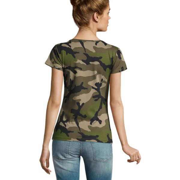 Camo spalvos, trumpomis rankovėmis marškinėliai moterims Sols Camo Women su logotipu ar norimu užrašu