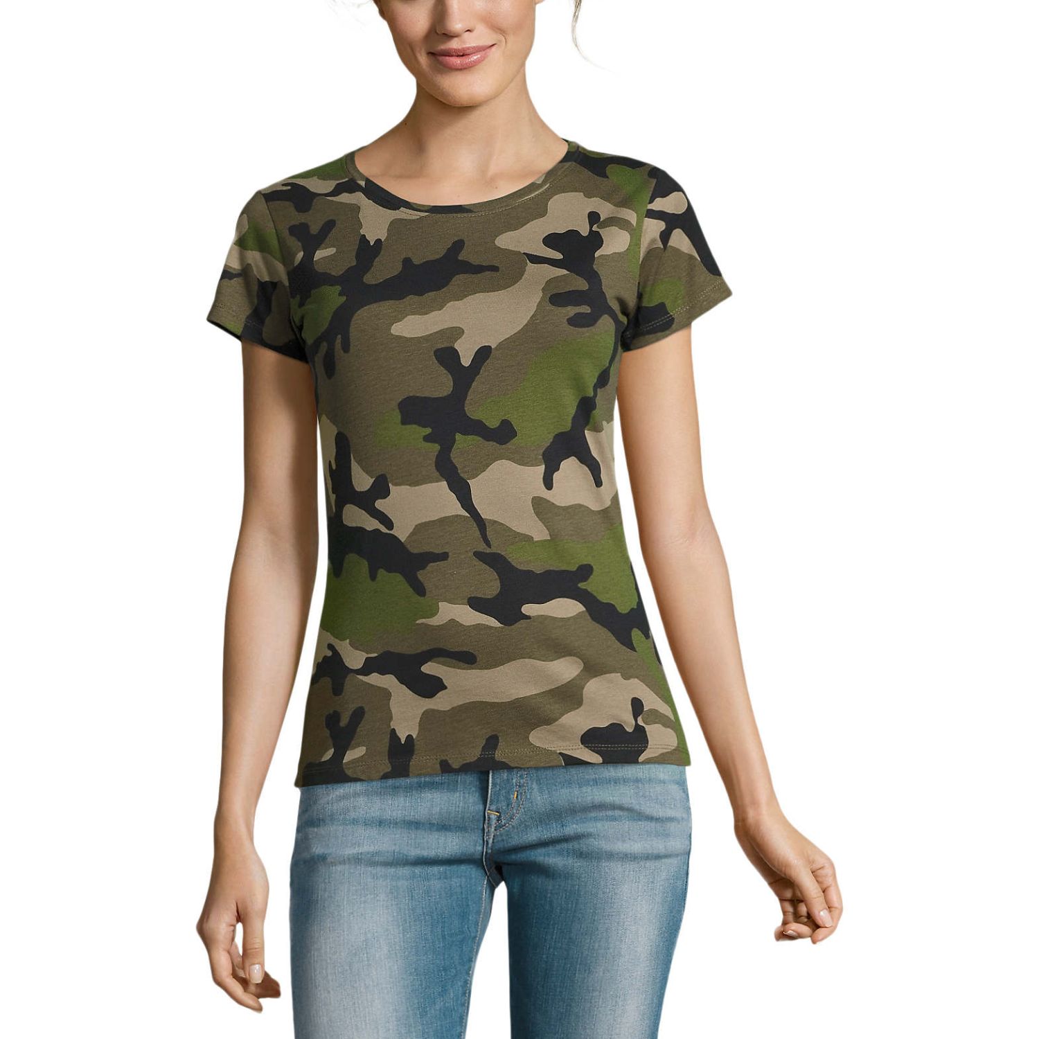 Moteriski-Marskineliai-Su-Uzrasu-Sols-Camo-Woman-Camo.jpg Camo spalvos, trumpomis rankovėmis marškinėliai moterims Sols Camo Women su logotipu ar norimu užrašu