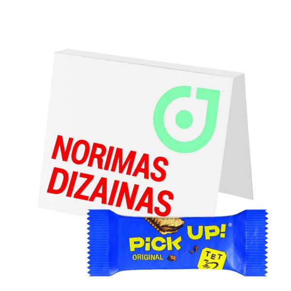 Reklaminė kortelė su Leibniz PICK UP! sausainiu