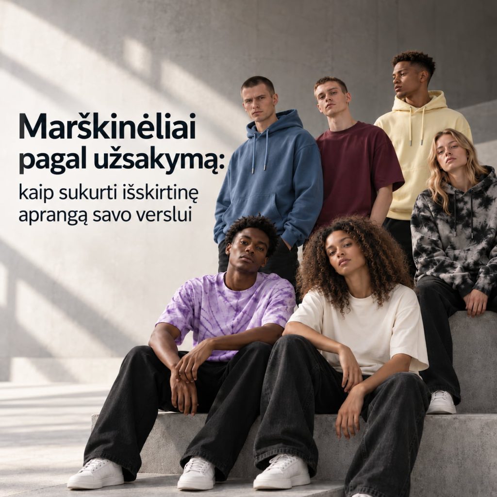 Marškinėliai pagal užsakymą: jauni žmonės spalvotais marškinėliais ir džemperiais ant betoninių laiptų
