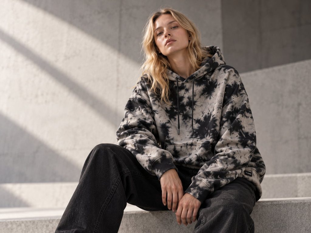 Pilkai juodo dažyto rašto oversized džemperis su gobtuvu ant modelės